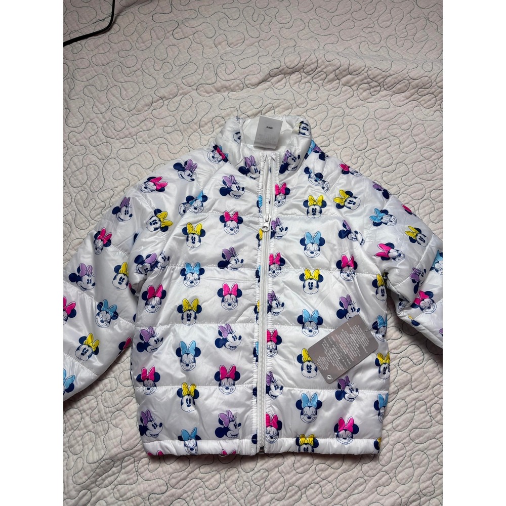 Disney Minnie Mouse Puffer Jacket White Multicolor All Over Print Size 3t